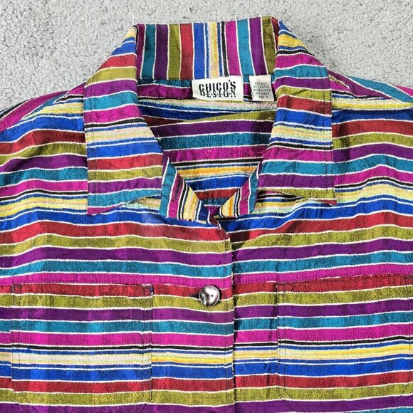 Vintage Chico's Design Silk Blend Multicolor Stripe Textured Jacket Eclectic - Picture 4 of 8